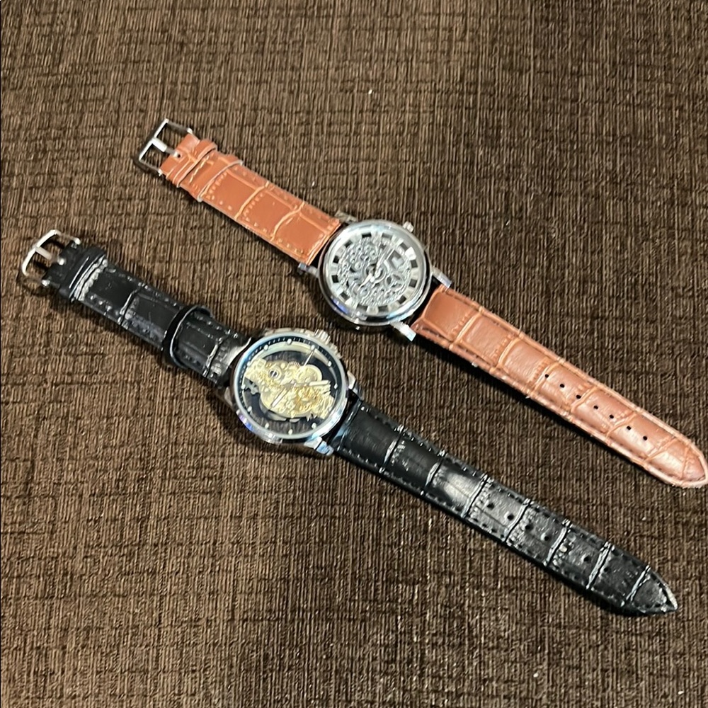 Brown and Black Leather Strap Skeleton Watches Set of Two